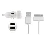 Kit Chargeur Voiture USB A 2A + Câble USB A / 30 PIN 1m Blanc